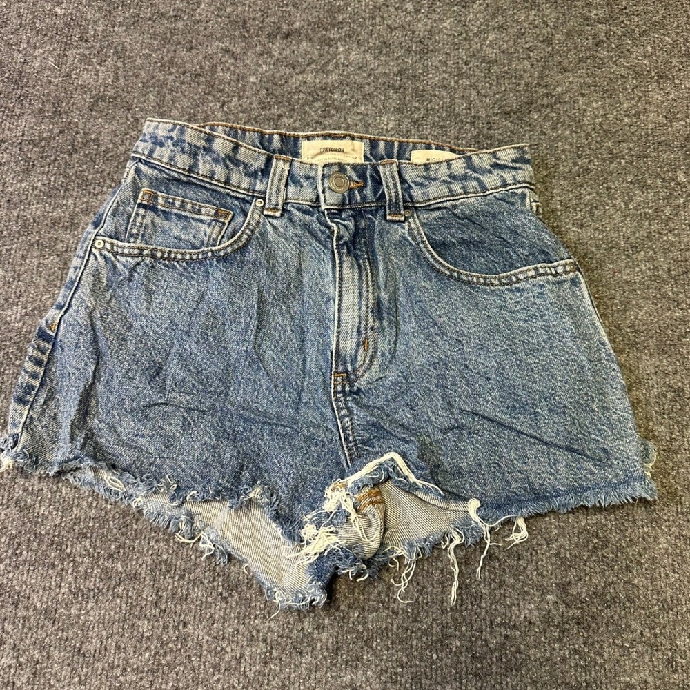 Cotton On Denim Shorts Womens Size 4 Blue High Waisted Raw Hem Frayed Casual